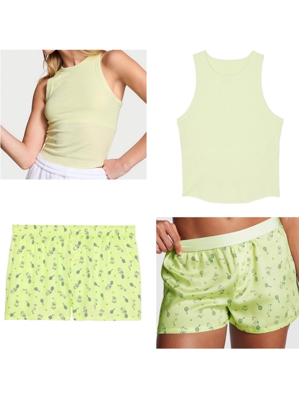 Victorias Secret PINK Tencel Lime Green Pajama Tank and Shorts Set XS Dogs Print